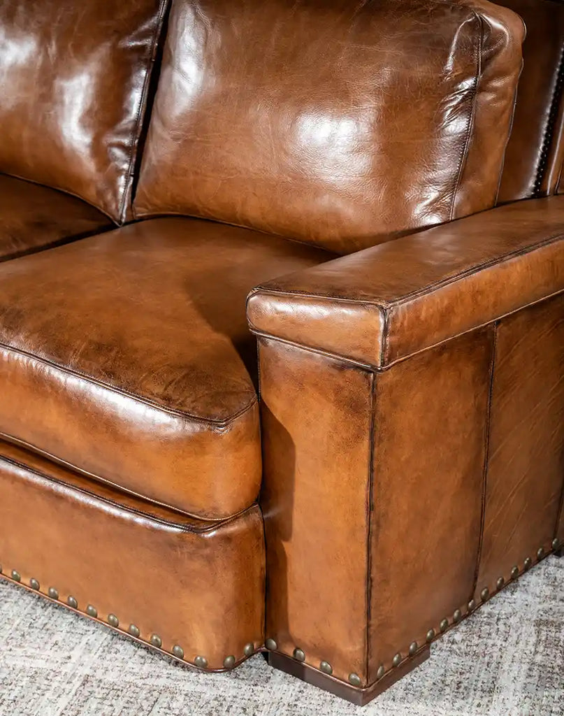 Close-up of the meticulous leather welting on the seat and back cushions of the Jefferson Leather Sofa.