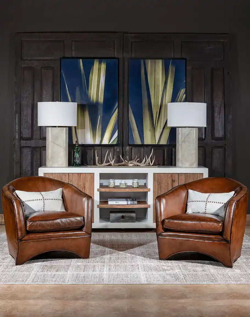 The Johnson Leather Chair styled in a refined ranch-inspired space, complementing the rustic and sophisticated decor.