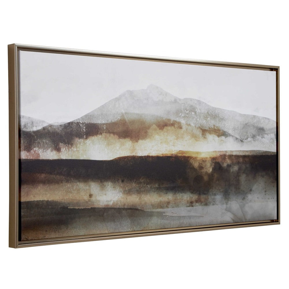 Ken Roko mountain landscape canvas print displayed above a textured console table.