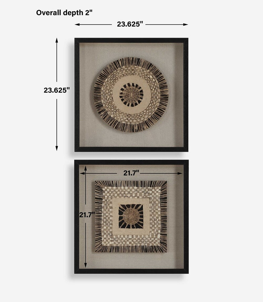 Stylish knit paper wall art in square and circular designs, framed in satin black wood, displayed above a textured beige console.