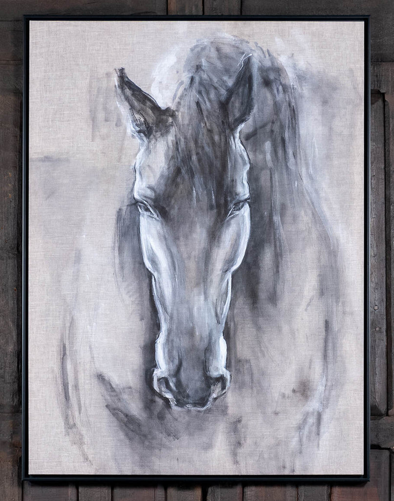 The "Majestic Prince" framed art, featuring a sleek matte black frame and a captivating horse print in a vertical orientation.