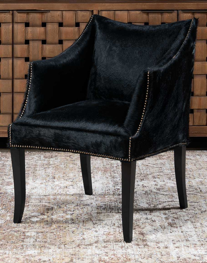 McClaren Midnight Cowhide Chair featuring rich midnight black leather upholstery with genuine cowhide accents.