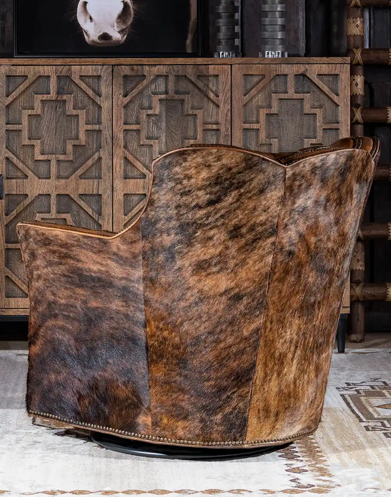 Back view of the Medina Brindle Swivel Glider displaying the premium-grade brindle cowhide exterior.