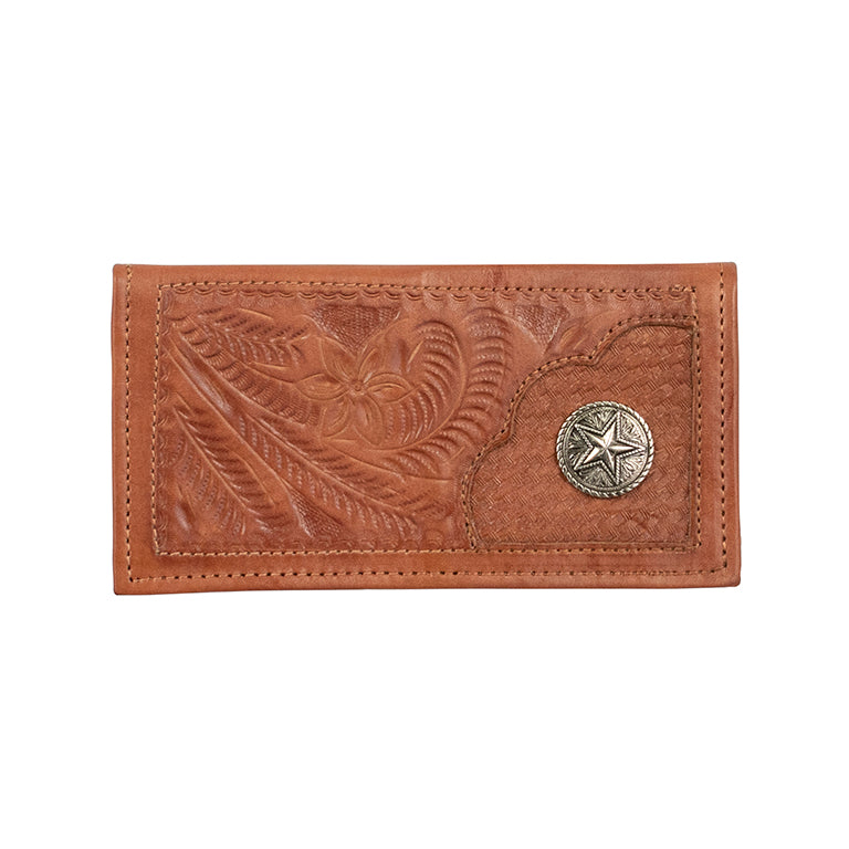 men's tooled medium brown leather wallet has hand tooling and metal star concho in lower right corner