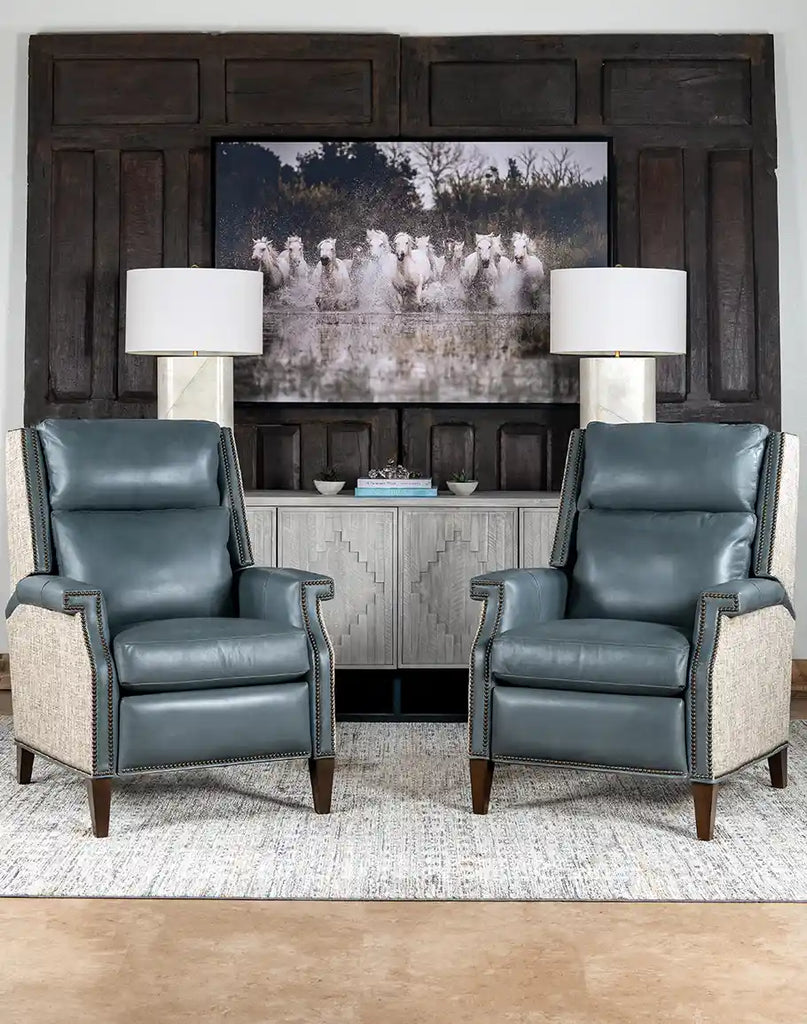 The recliner styled in a cozy living room, blending seamlessly with Western-inspired decor.