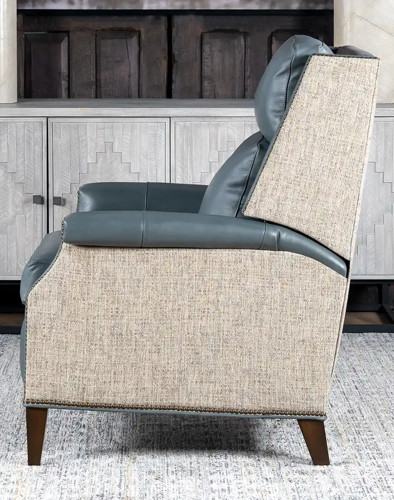 Side profile of the Miley Grey Leather Recliner, highlighting its elegant silhouette and smooth reclining mechanism.