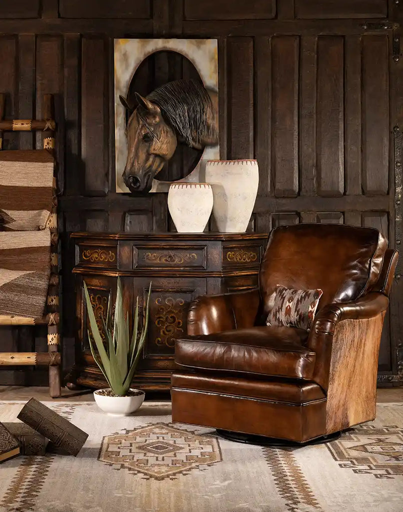 Mocha Leather Swivel Glider styled in a cozy living room, blending comfort and sophistication.