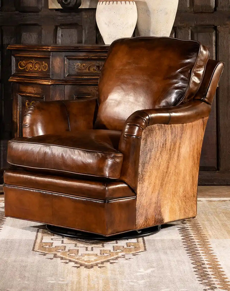 Side view of the Mocha Leather Swivel Glider highlighting its elegant silhouette and plush seating.