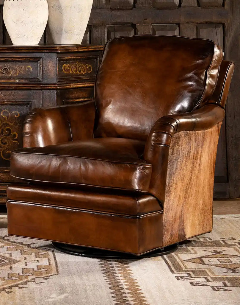 Mocha Leather Swivel Glider showcasing hand-burnished mocha leather and brindle cowhide accents.