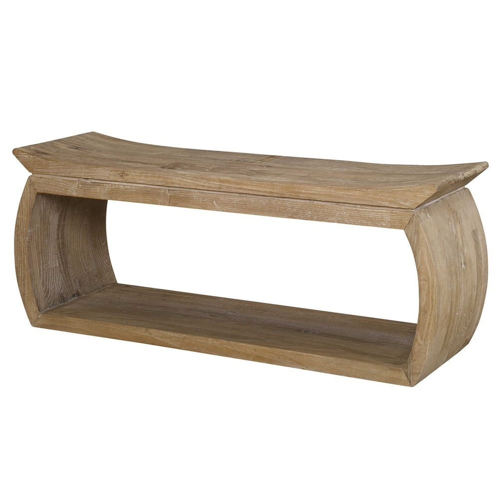 Curved wooden bench made from reclaimed elm with rich shading and authentic natural imperfections.