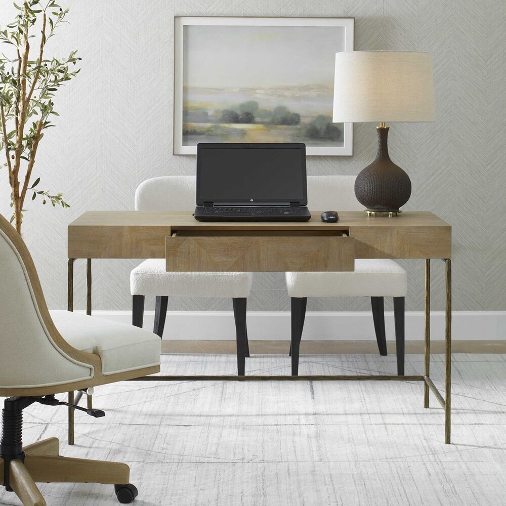 Stylish desk with natural wood top, gold iron base, and a center storage drawer for functionality.