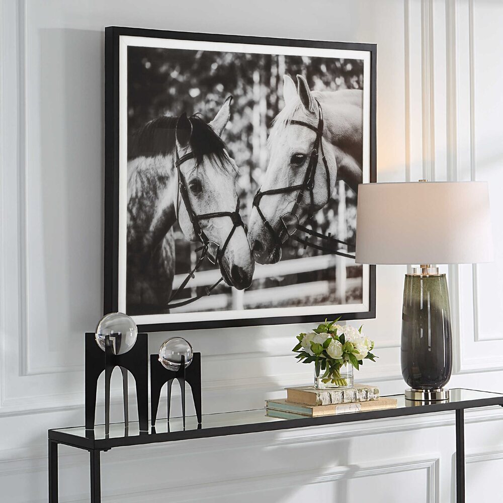 Decorative wall art featuring two horses in a peaceful moment, framed to suit modern or traditional spaces.