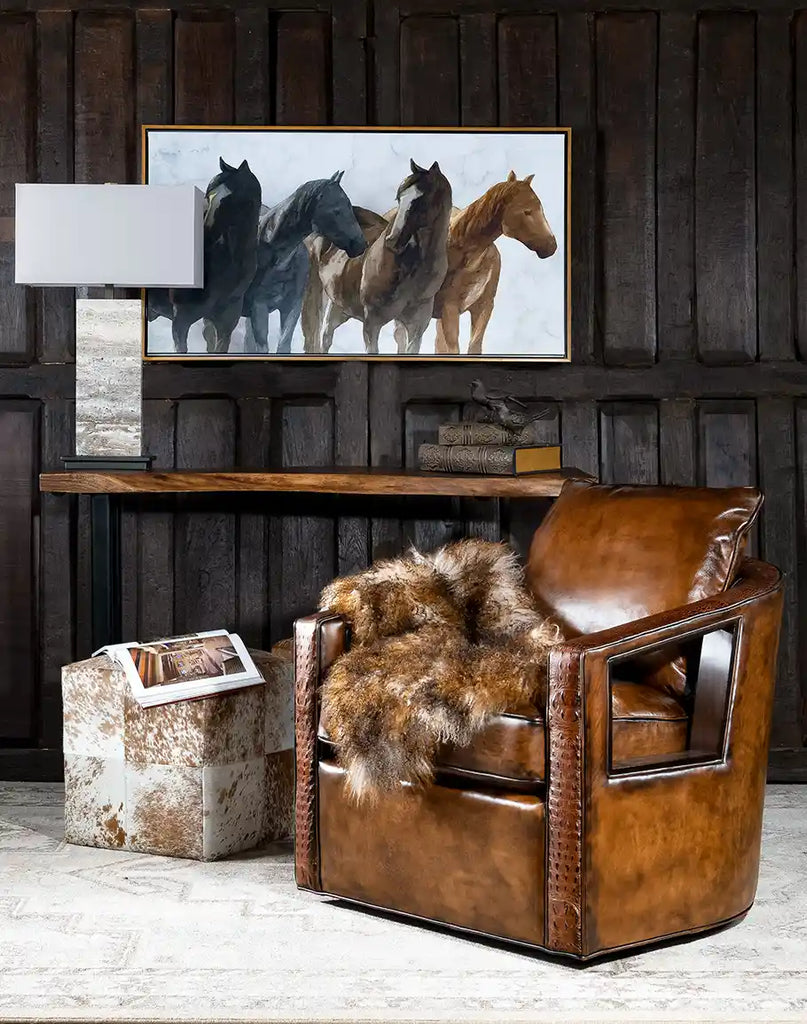 The Morocco Swivel Chair styled in a formal living room, blending rustic charm with modern elegance.