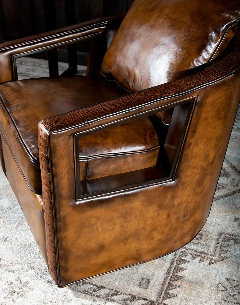 Top-down view of the Morocco Swivel Chair, illustrating its plush cushioning and seamless leather detailing.