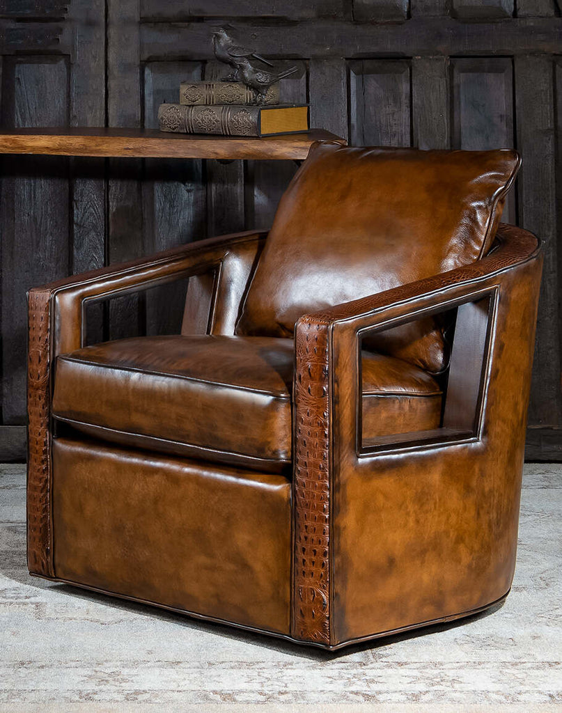 Morocco Swivel Chair showcasing its luxurious hand-burnished leather and embossed croc leather accents.