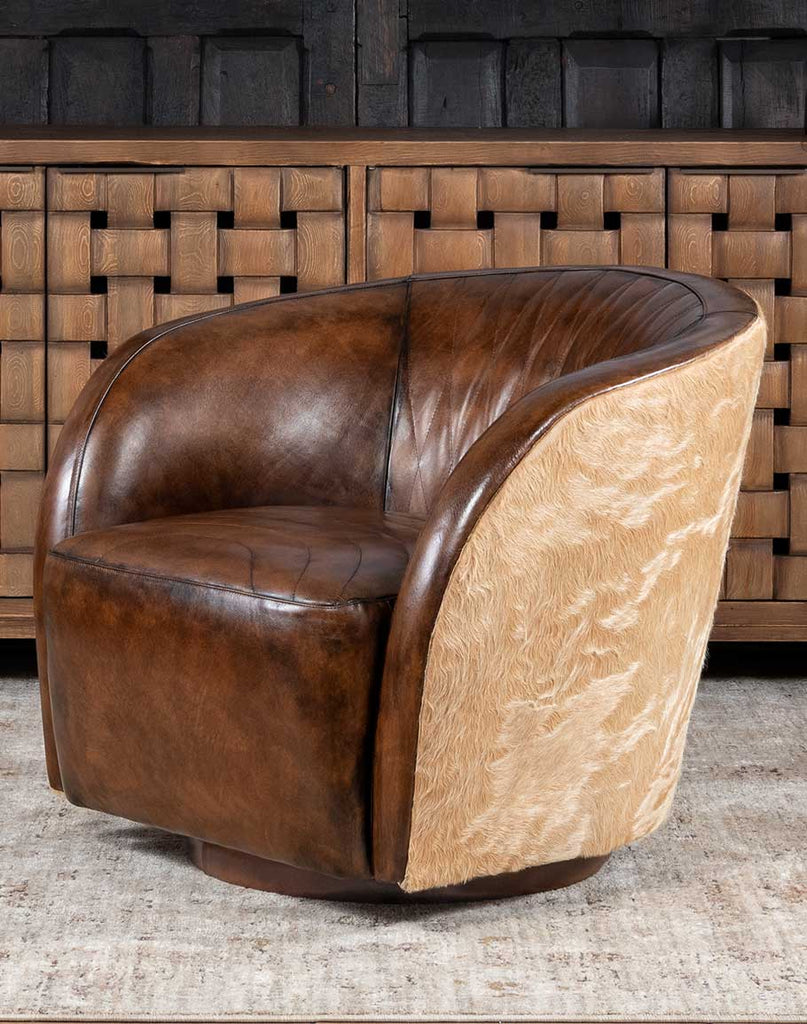 The Moscow Mocha Swivel Chair showcasing its rich mocha full-grain leather and plush cushioning.