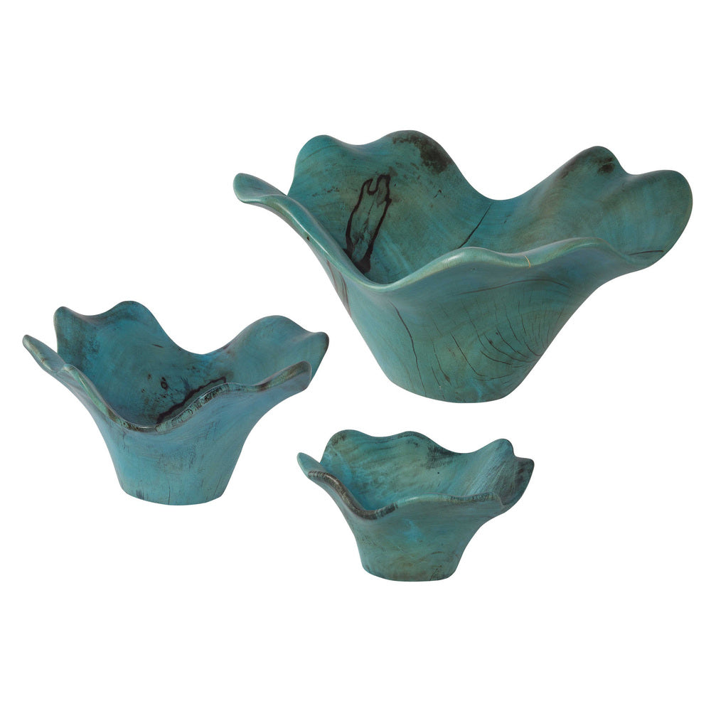 Set of three tamarind wood wall pieces with a beautiful blue-green finish and unique dimensions.