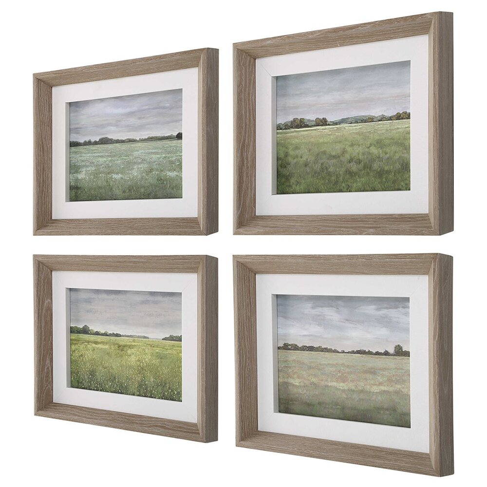 Side view of framed landscape prints with light whitewashed pine wood frames and textured linen liners.