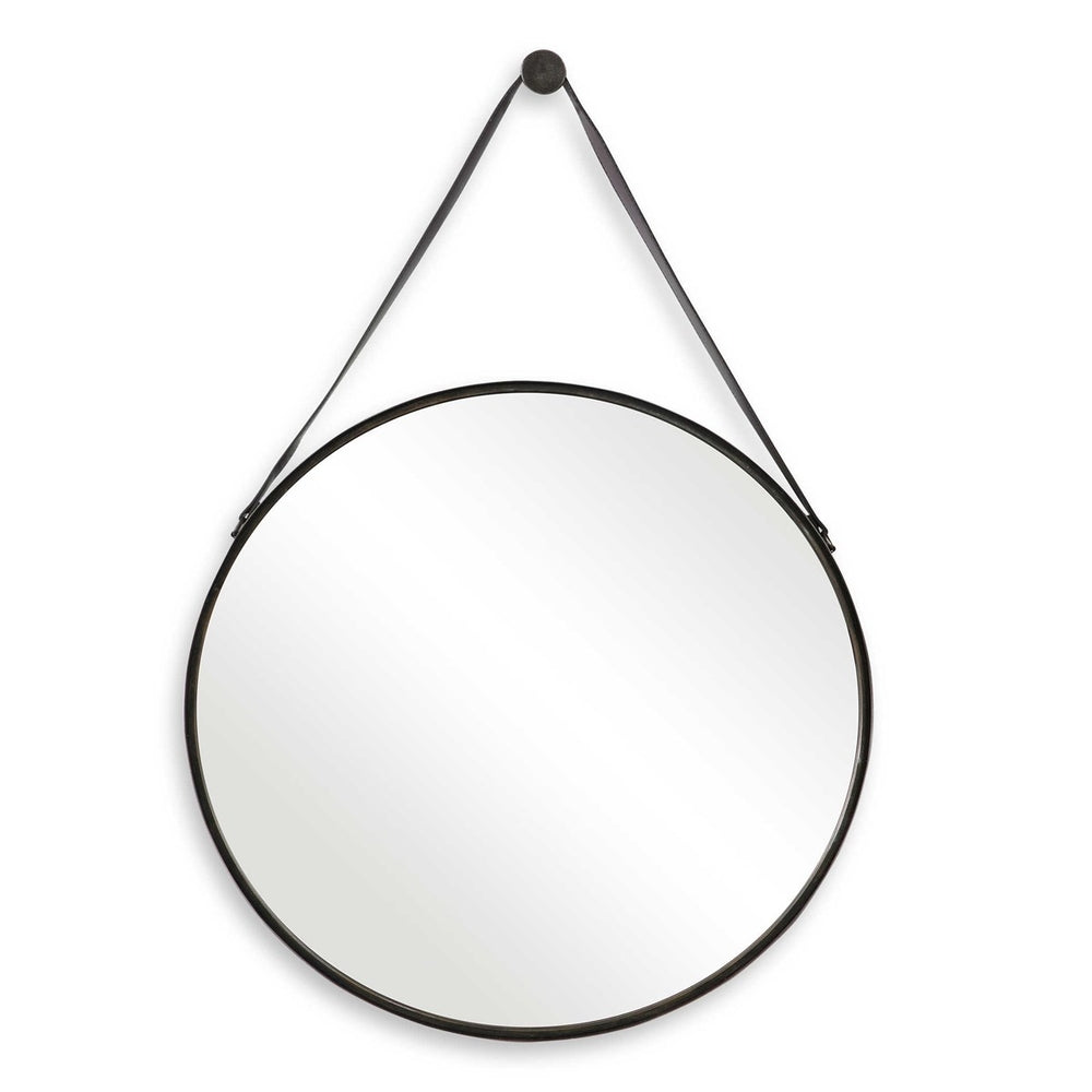 Nordic Circular Mirror with sturdy bronze frame, decorative strap hanging, and a total height of 45 inches.