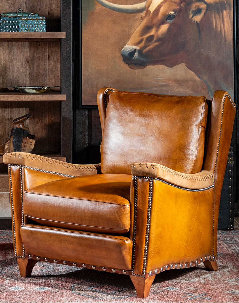 A front-facing view of the Norseman Leather Chair showcasing its minimalist Nordic-inspired design and full-grain leather finish.