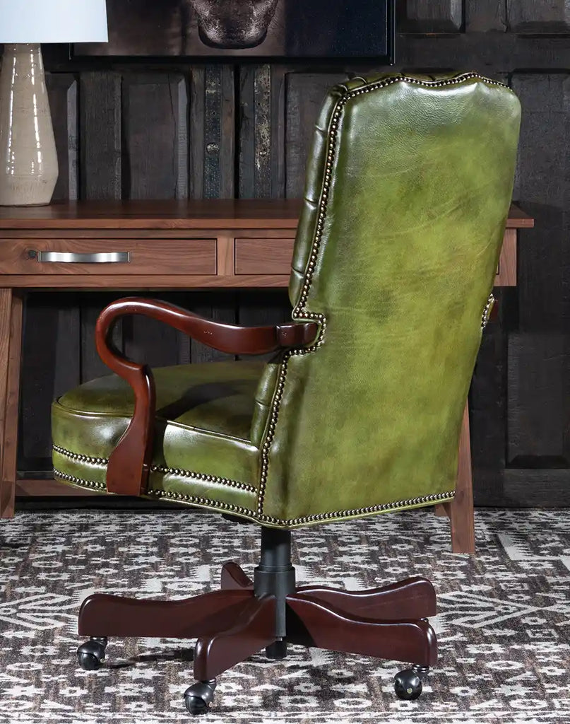 Back view of the Norton Olive Executive Desk Chair, displaying its hand-burnished leather and refined craftsmanship.