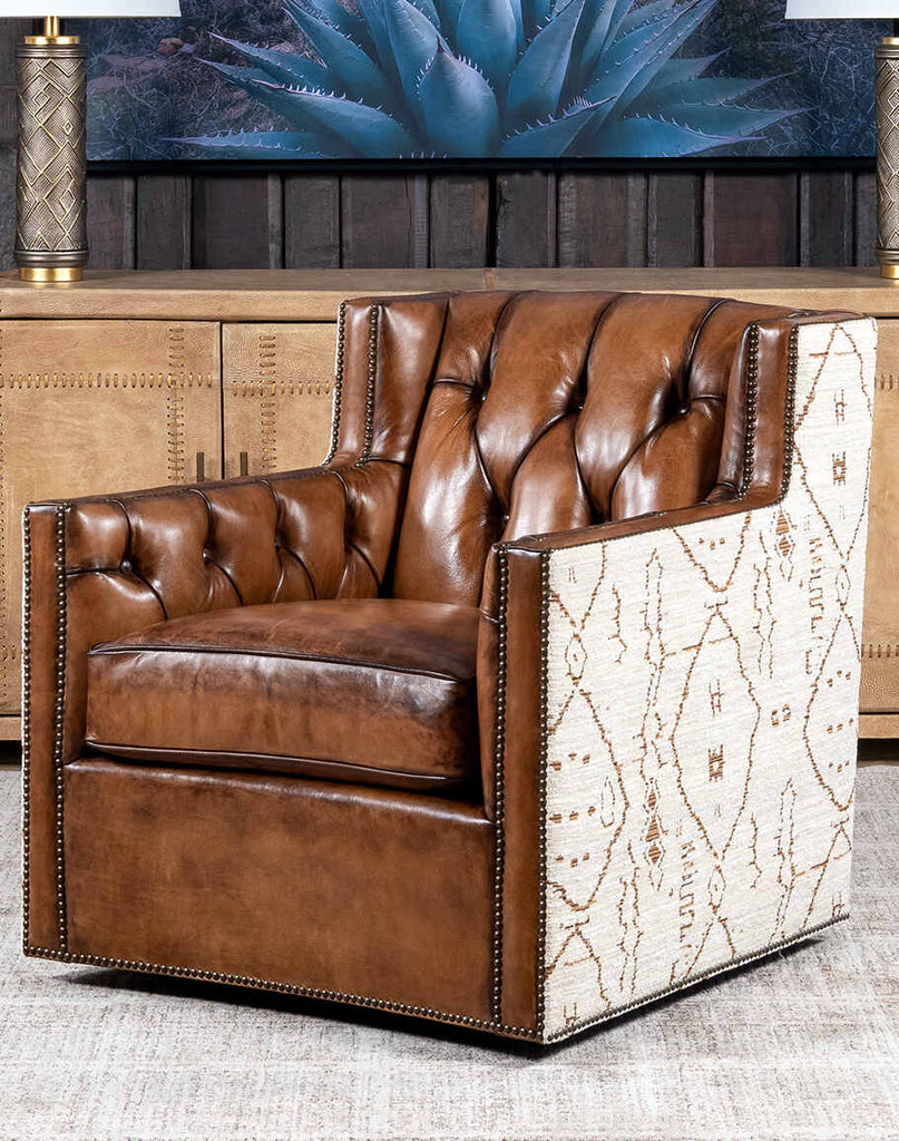 Oceanside Swivel Chair showcasing its luxurious mocha-colored leather and tufted seat back.