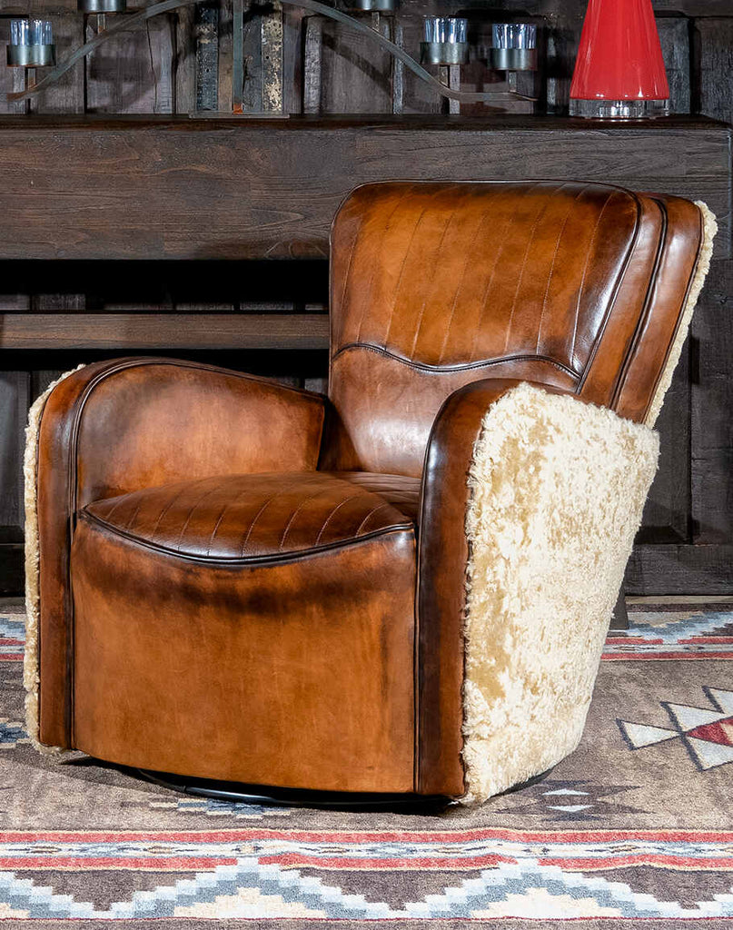 Pilot Swivel Chair showcasing its premium hand-burnished leather upholstery and shearling accents.