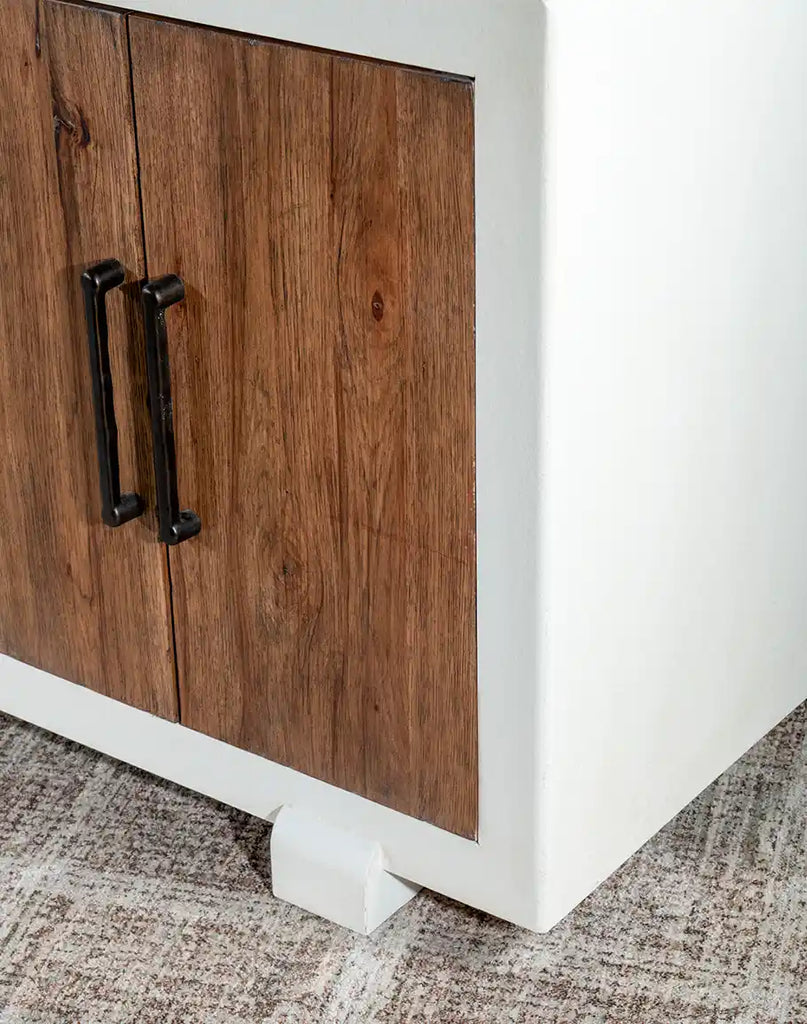 A detailed close-up of the two-tone finish on the Plano TX Media Console, featuring Avalanche White and Vintage Natural hues on the rustic Hickory wood.