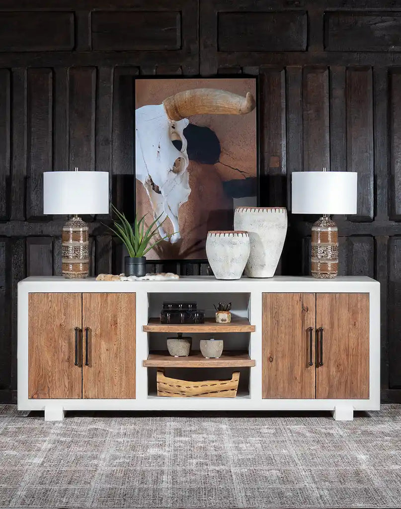 The Plano TX Media Console styled in a modern rustic living room, paired with decorative accents and a mounted TV.