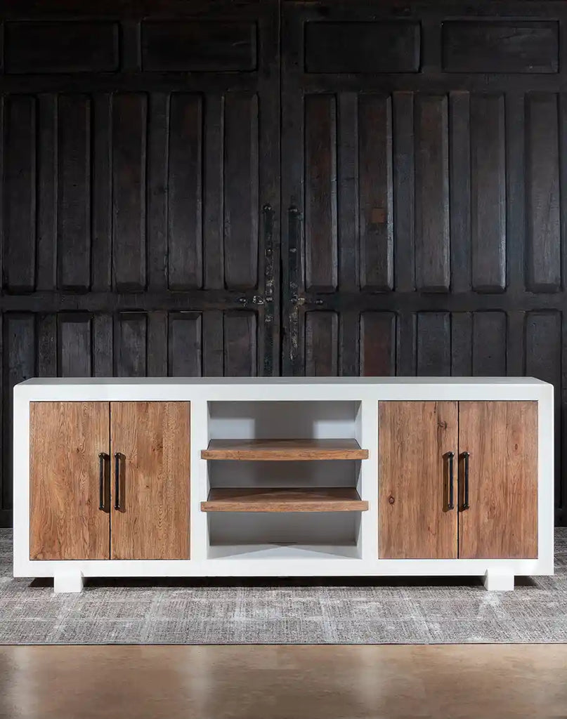 Plano TX Media Console showcasing its two-tone finish of Avalanche White and Vintage Natural on rustic Hickory wood, with four doors and dark brushed bronze bar pulls.