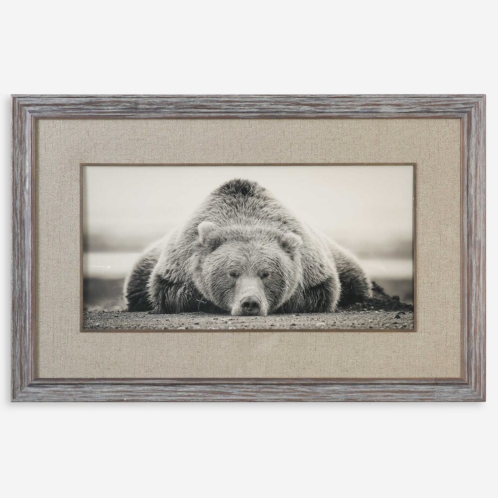 Polar bear artwork framed with burlap mat and natural wood fillet.