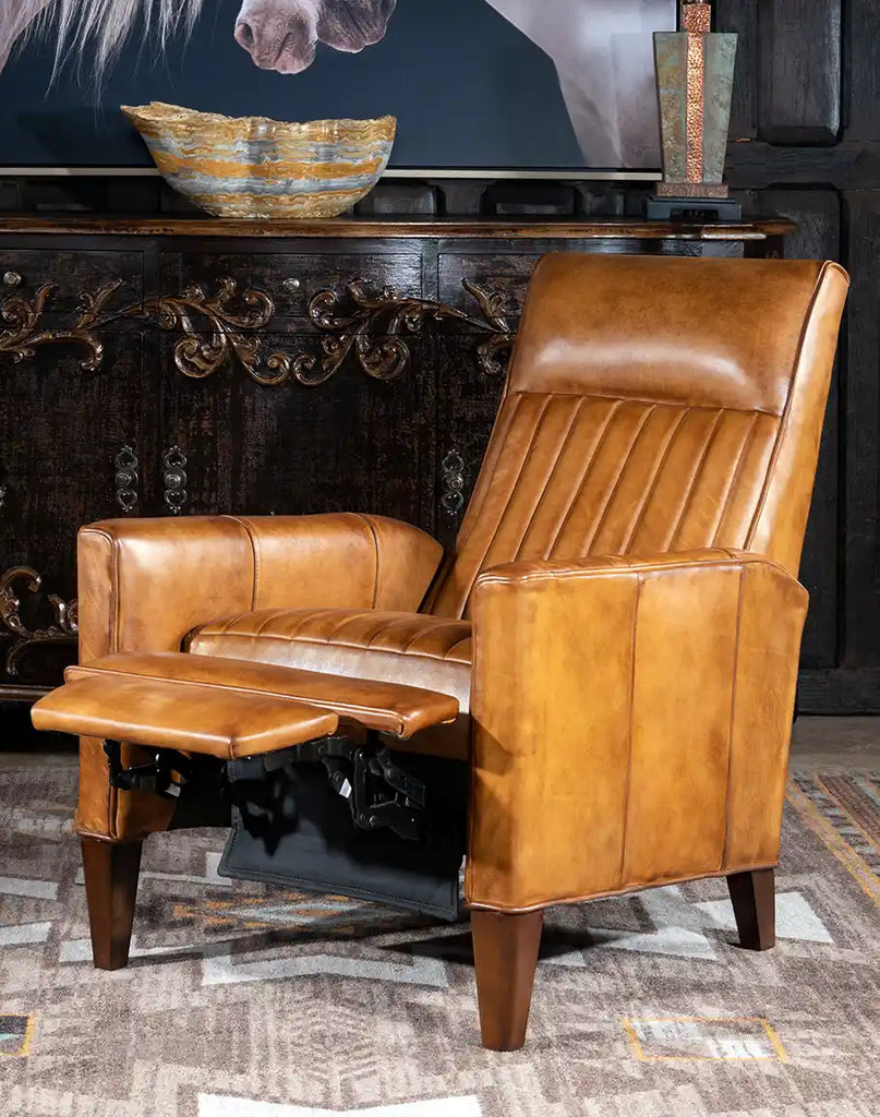 The Ramses Saddle Leather Recliner fully extended, demonstrating its smooth reclining mechanism and plush comfort.