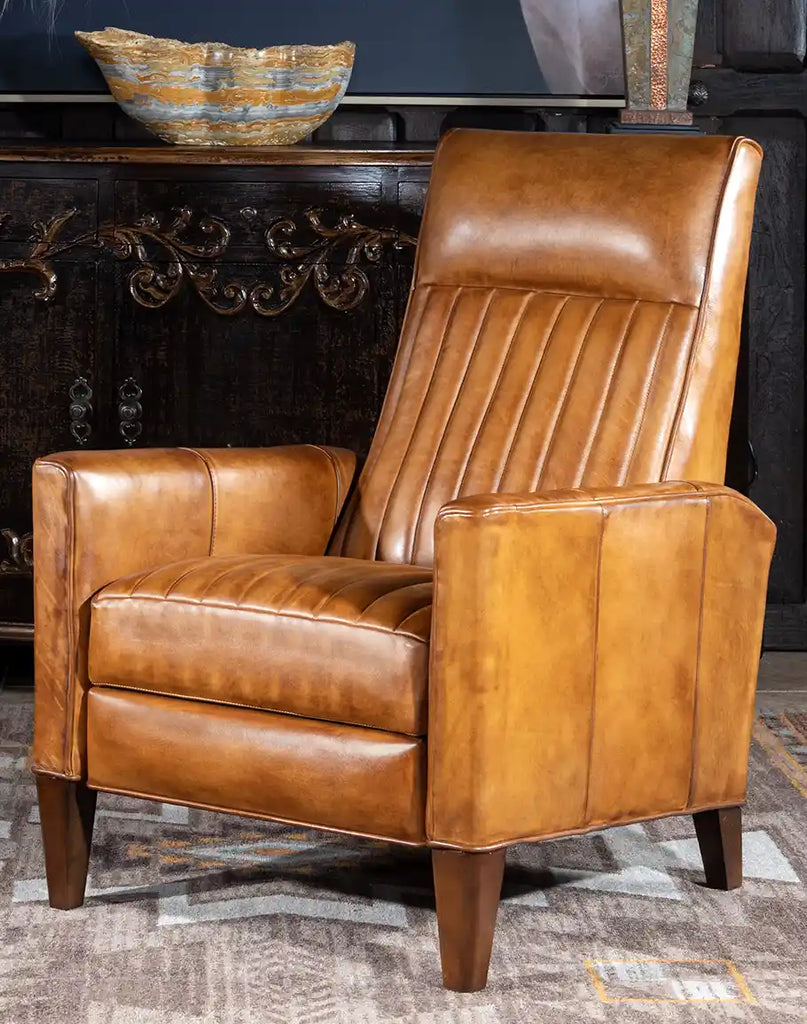 Ramses Saddle Leather Recliner showcasing its luxurious hand-burnished leather and modern rustic design.