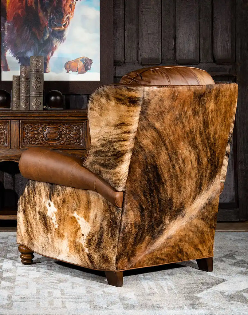 Back view of the Rancher Brindle Recliner featuring elegant brindle cowhide craftsmanship.