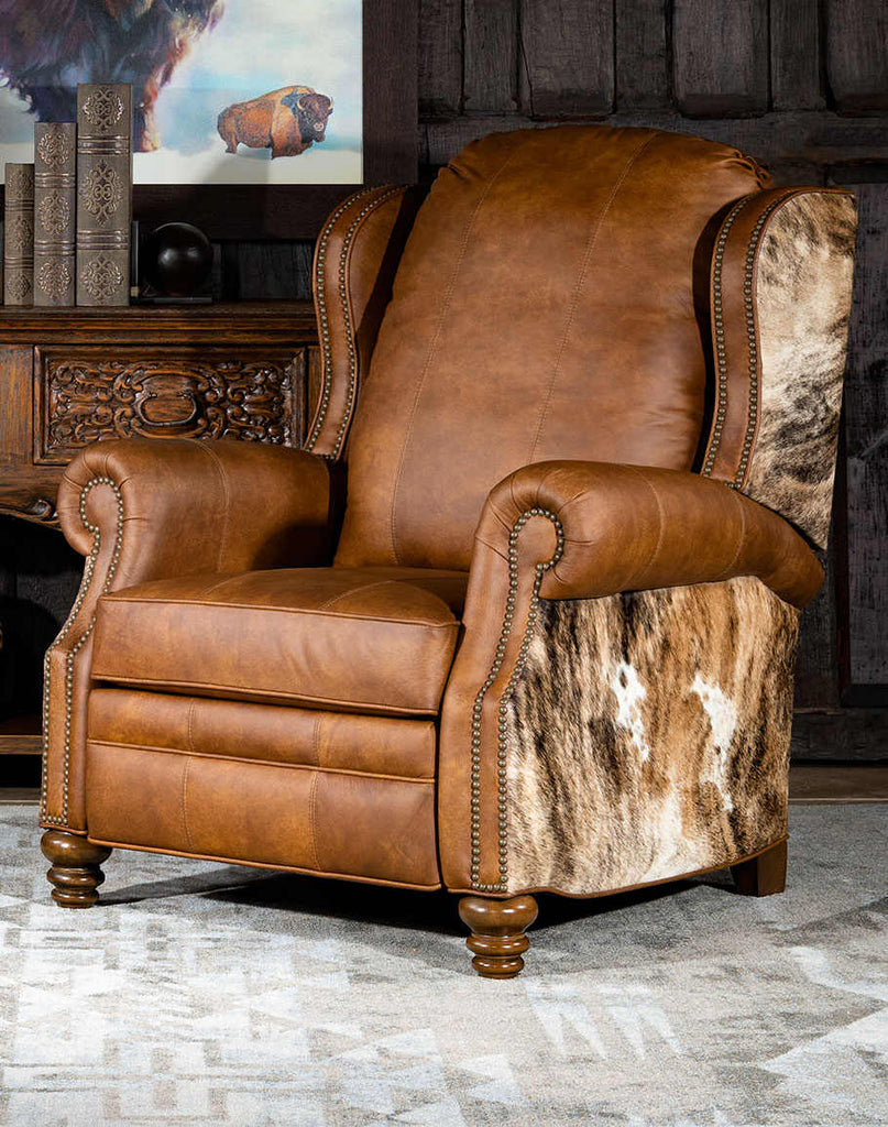 Rancher Brindle Recliner showcasing premium top-grain leather and nail head trim.