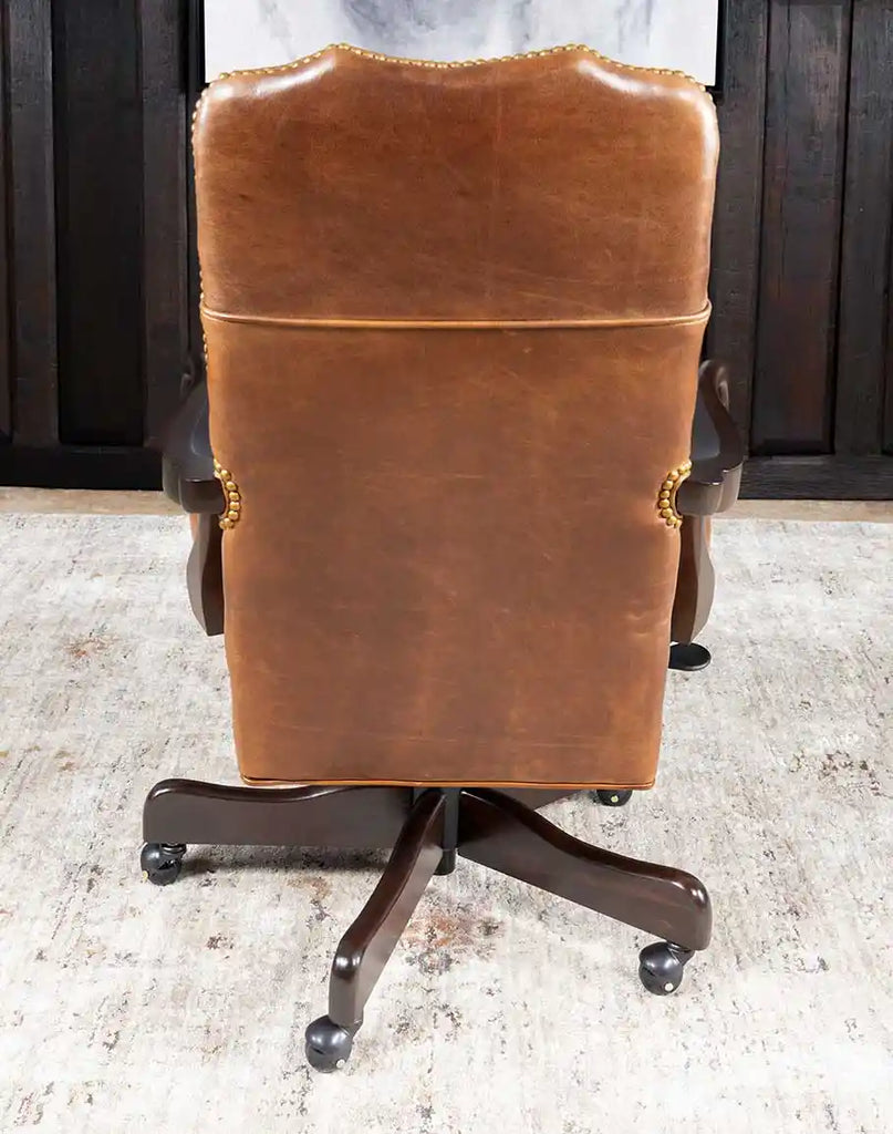 Rear view of Baileys Boot Stitch Office Chair showing the polished leather back and sturdy wooden frame.