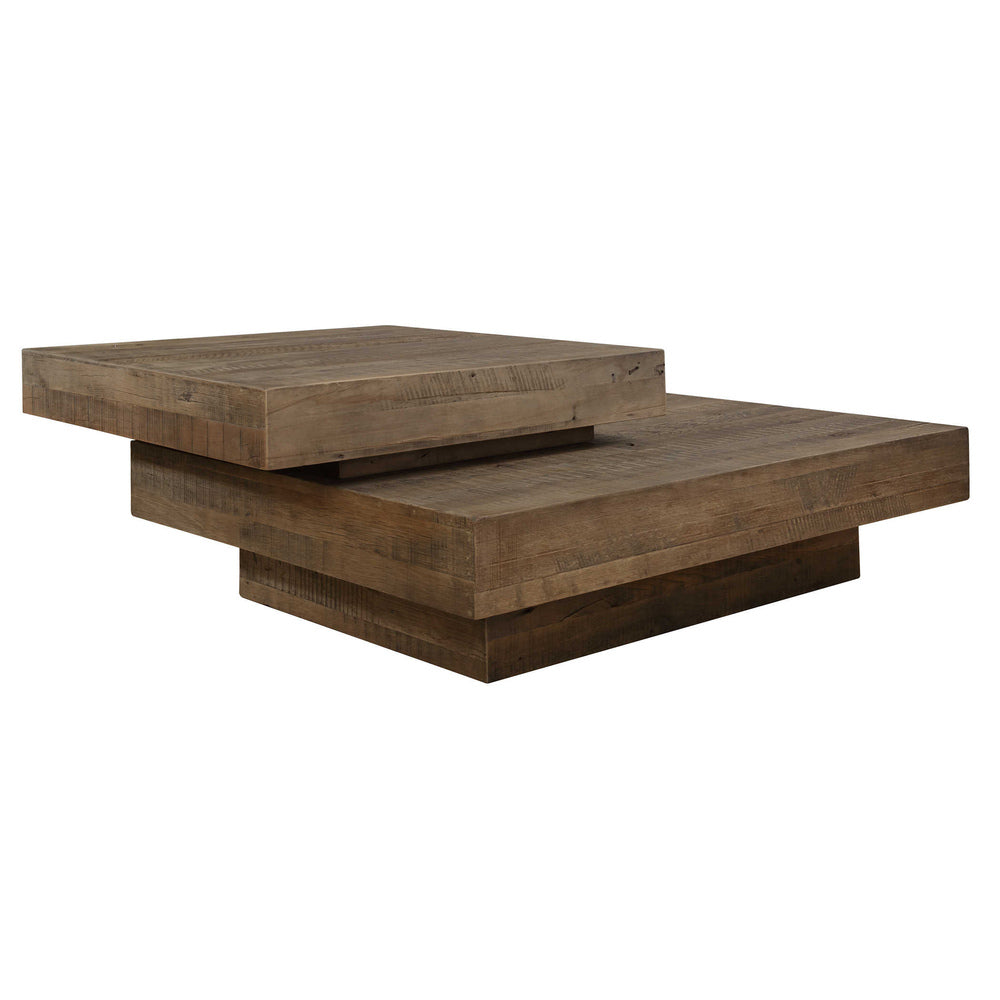 Rustic reclaimed oak coffee table with hewn markings and an authentic natural finish.