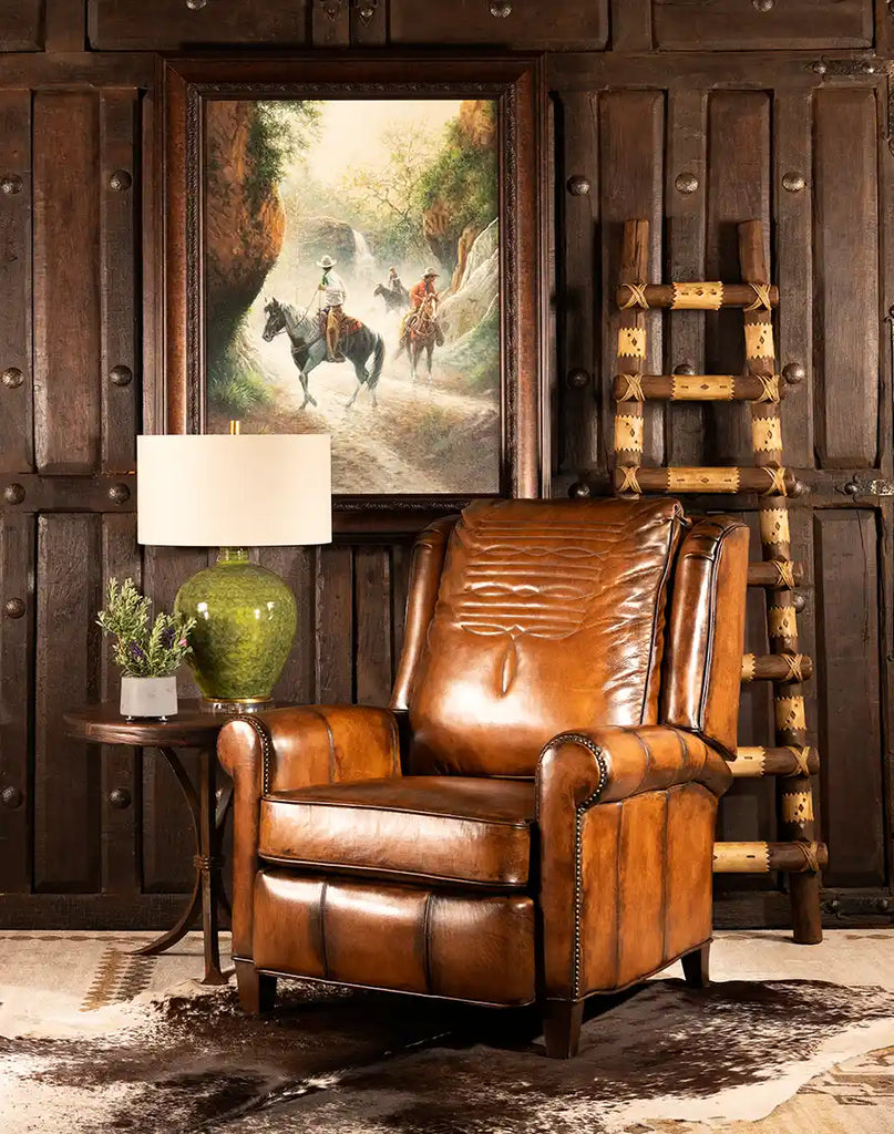 The Richard King Recliner styled in a cozy living room with rustic Western decor elements.