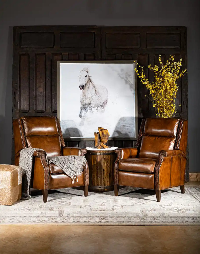 The recliner styled in a rustic-themed living space, demonstrating its elegant and timeless appeal.