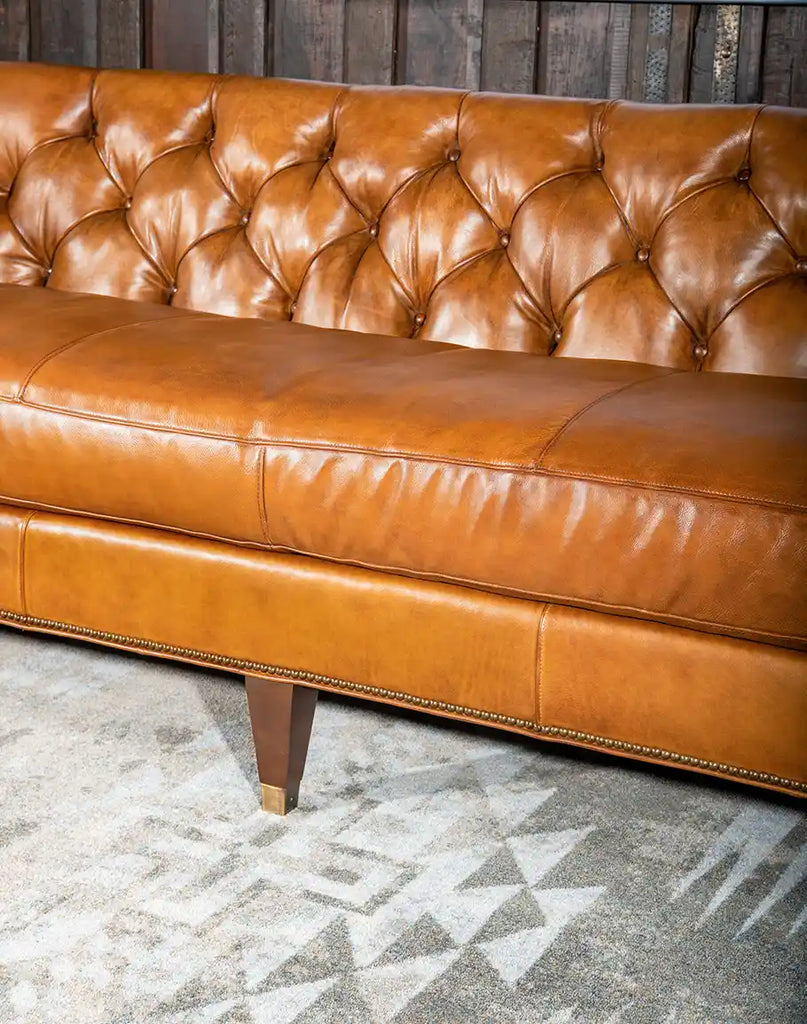 Close-up of the Rochfort Chesterfield Sofa’s bench-style seat cushion with plush down filling for superior comfort.