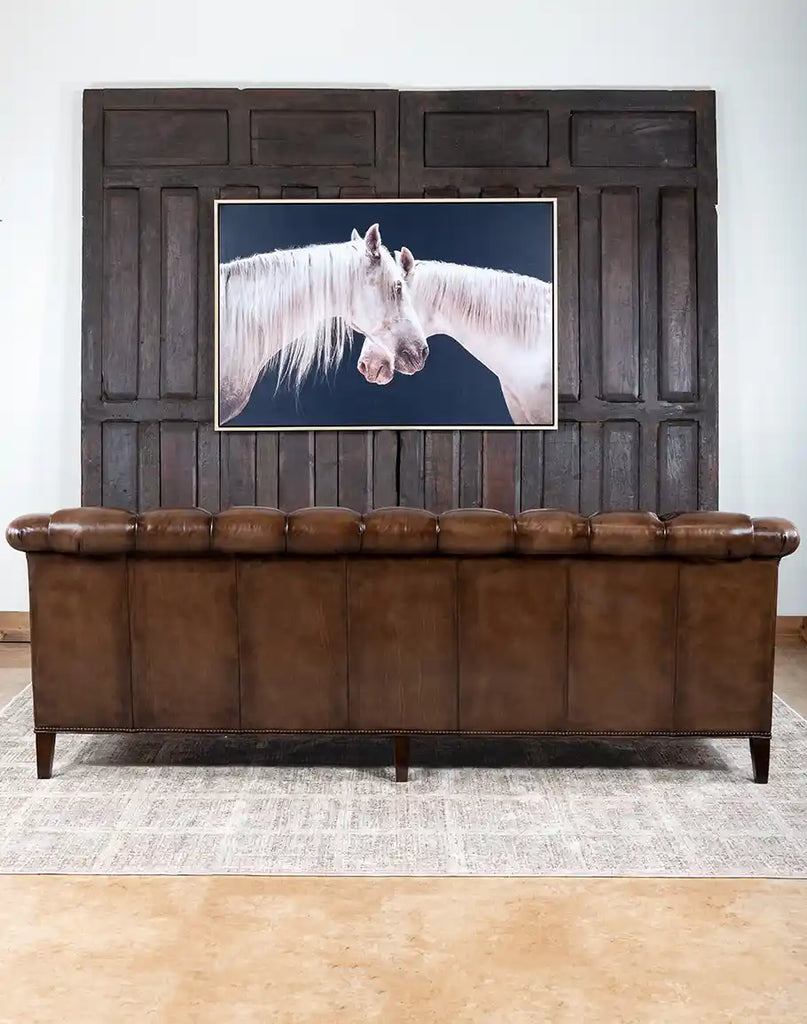 Back view of the Rockwood Smoked Chesterfield Sofa, displaying the smooth leather finish and classic Chesterfield silhouette.