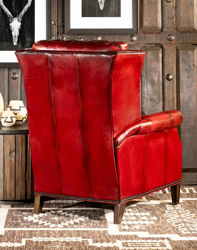 The rear design of the Ruby Red Leather Recliner, featuring smooth top-grain leather and hand-finished craftsmanship.