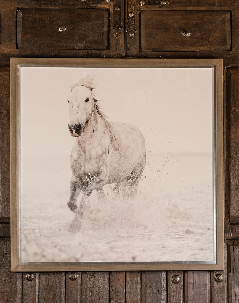 Run Wild Framed Print featuring a galloping horse, light wood tone frame, and silver leaf inner liner under glass.