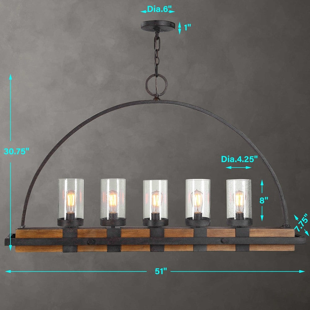 Rustic farmhouse chandelier with weathered bronze finish, warm wood tone, and adjustable installation.