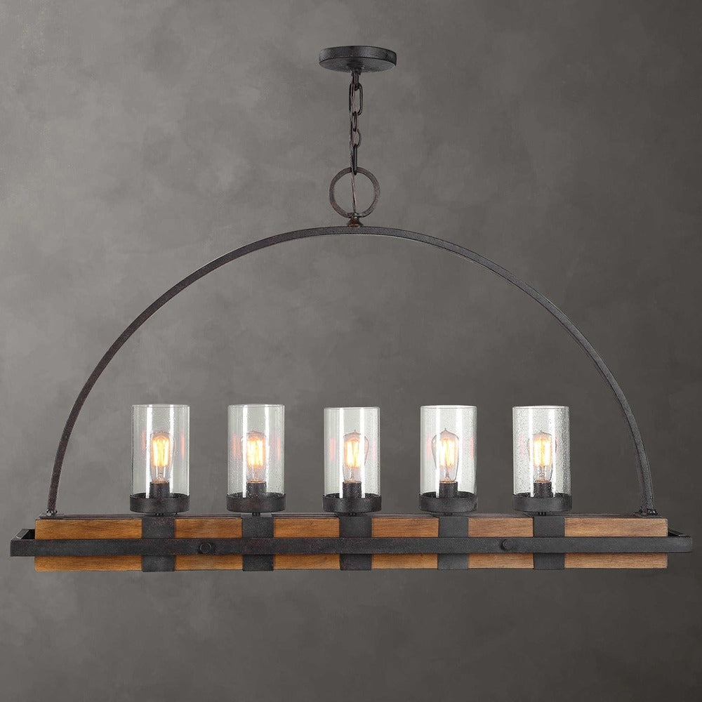 Real wood and iron farmhouse chandelier with Edison bulb sockets and seeded glass shades.