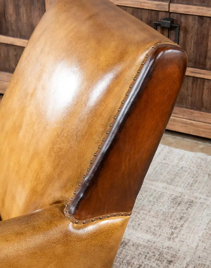 Close-up of the arm panels on the Lucy Leather Chair.