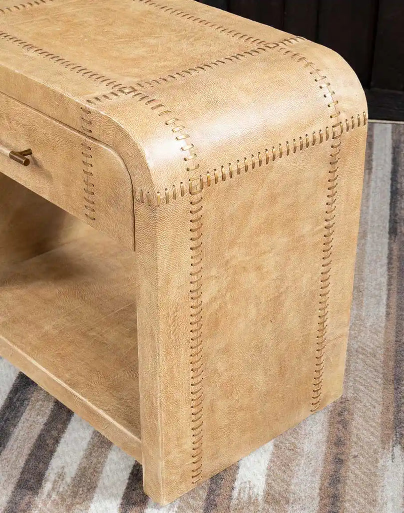 A view highlighting the sturdy solid wood construction of the Sahara Sand Leather Nightstand, ensuring durability and long-lasting quality.