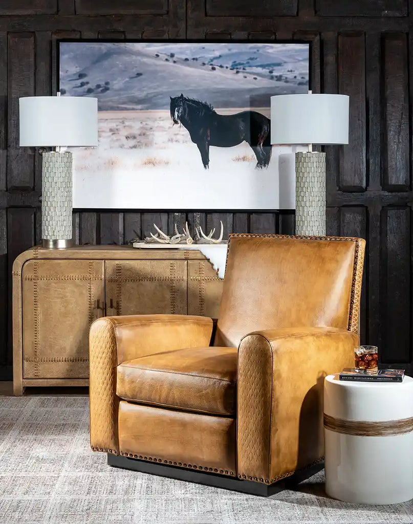 The Sand Dune Leather Recliner styled in a Southwestern-inspired living room, blending rustic charm with contemporary elegance.