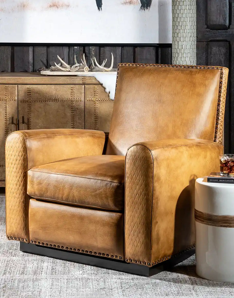 Sand Dune Leather Recliner showcasing its full-grain saddle tan leather and refined silhouette.