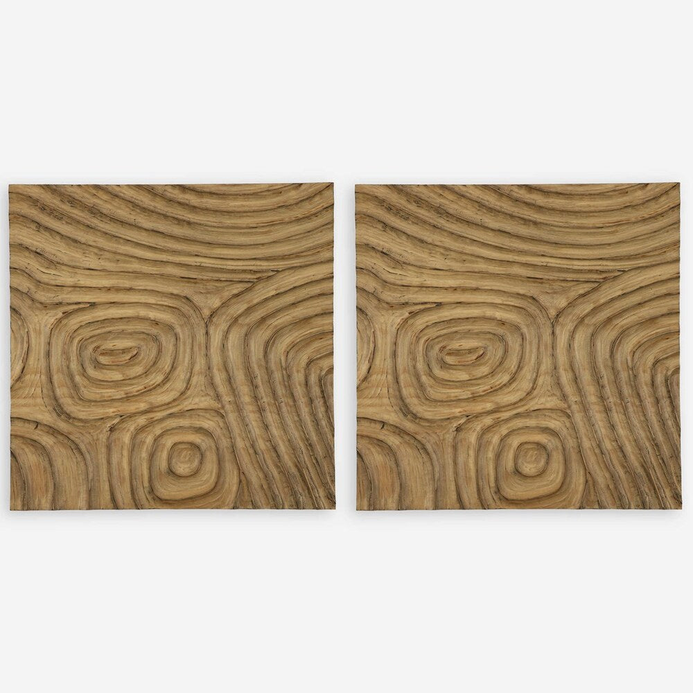 Set of two rustic wooden wall panels featuring a Sand Maze design with textured carvings, perfect for adding depth to home decor.